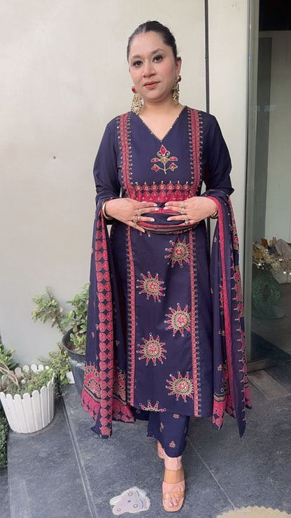 Idli Navy Blue Cotton Designer Suit