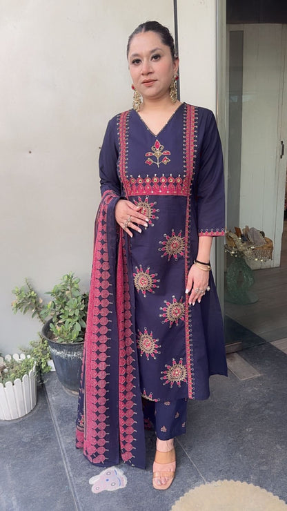 Idli Navy Blue Cotton Designer Suit