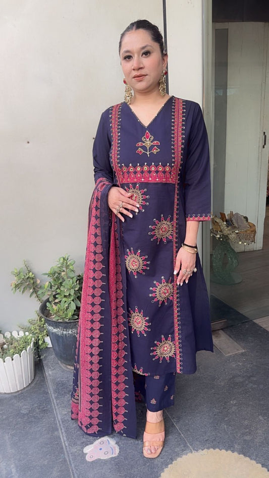 Idli Navy Blue Cotton Designer Suit