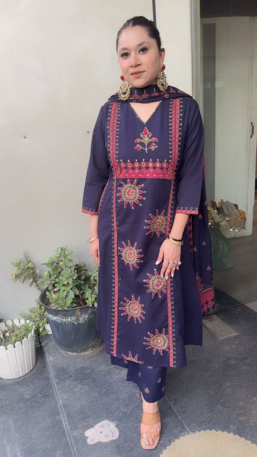 Idli Navy Blue Cotton Designer Suit