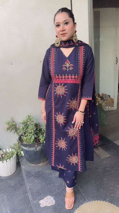 Idli Navy Blue Cotton Designer Suit
