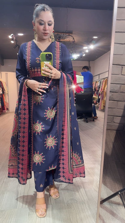 Idli Navy Blue Cotton Designer Suit