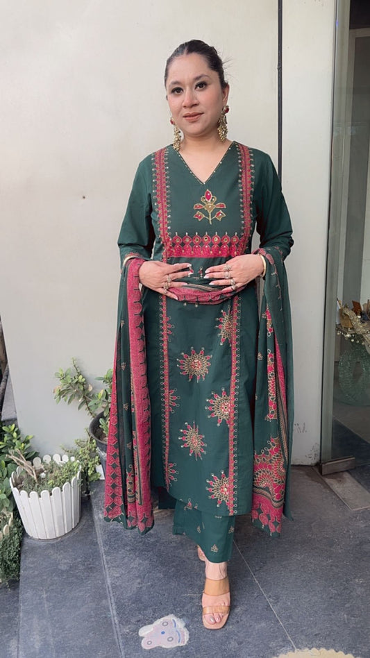 Idli Bottel Green Cotton Designer Suit