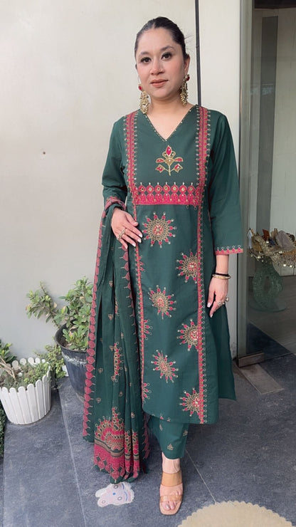 Idli Bottel Green Cotton Designer Suit