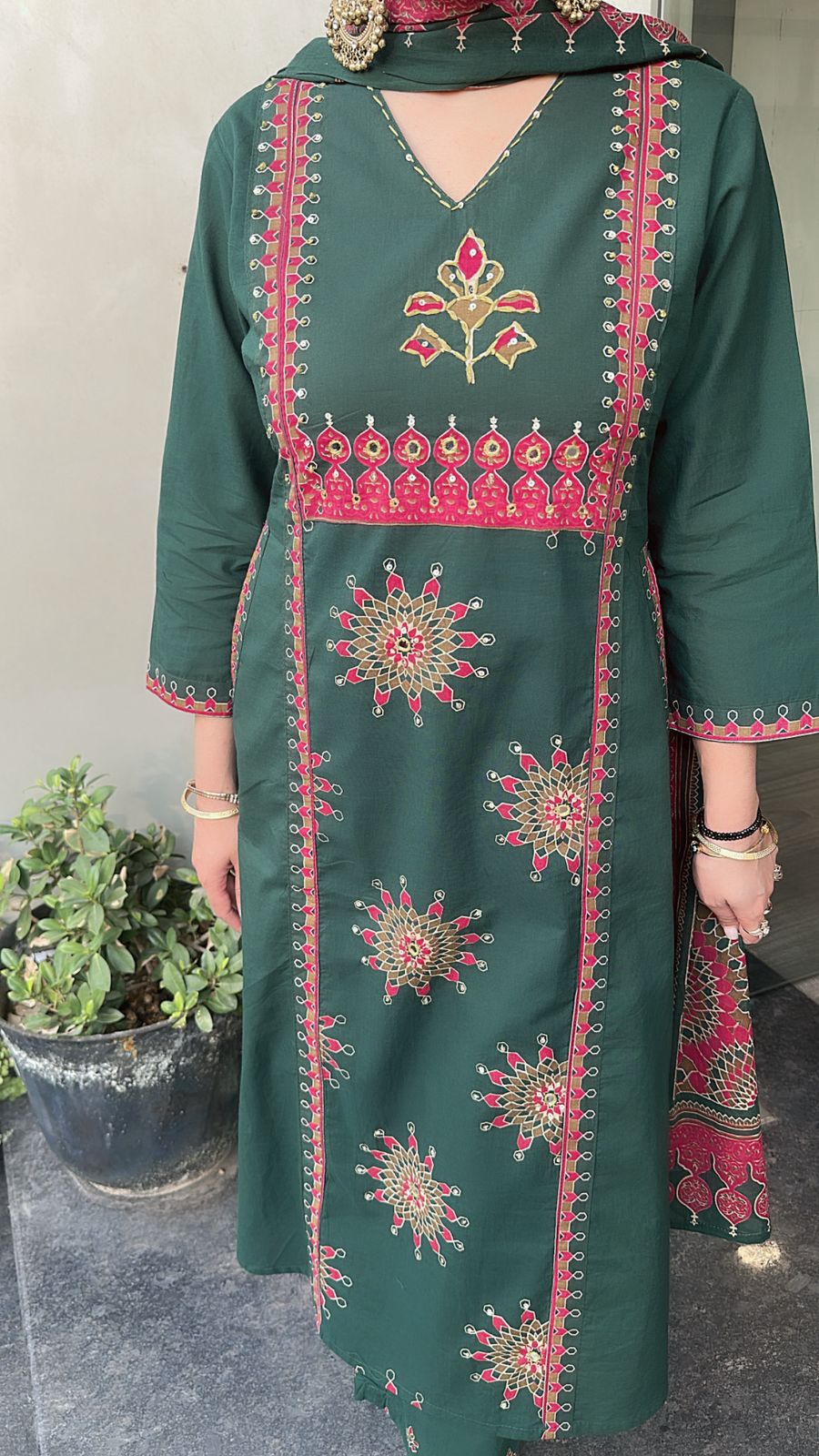 Idli Bottel Green Cotton Designer Suit