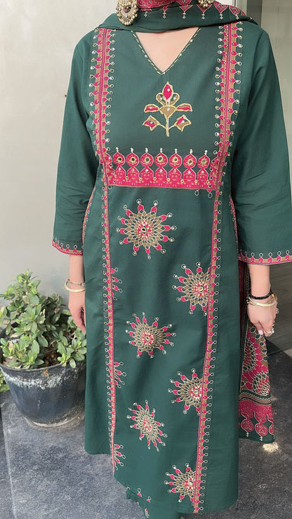 Idli Bottel Green Cotton Designer Suit