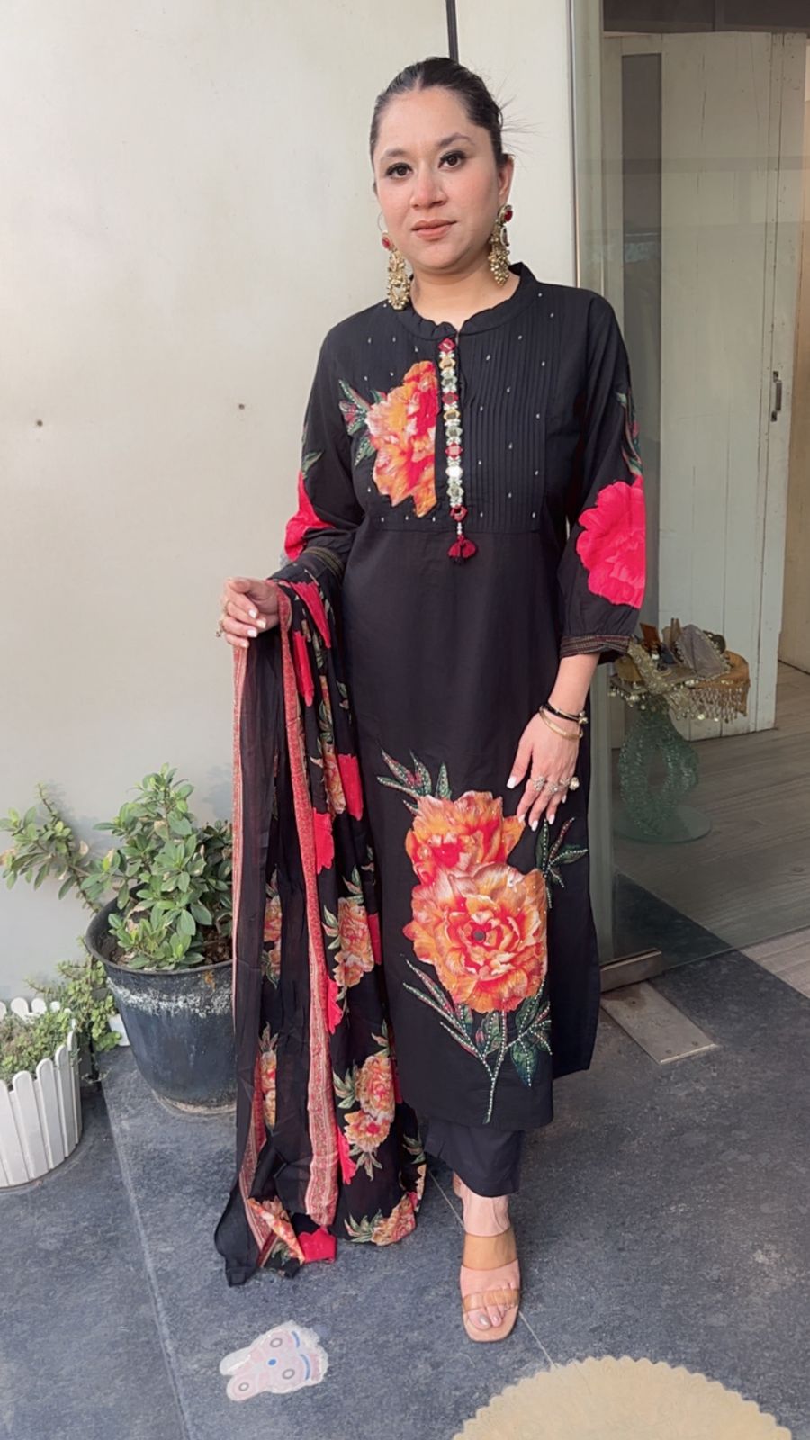 Rose Red Black Cotton Designer Suit
