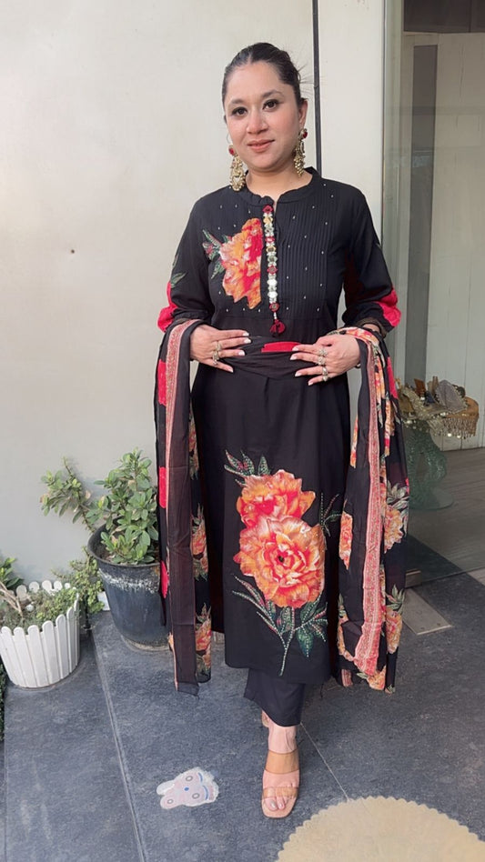 Rose Red Black Cotton Designer Suit