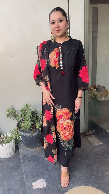 Rose Red Black Cotton Designer Suit