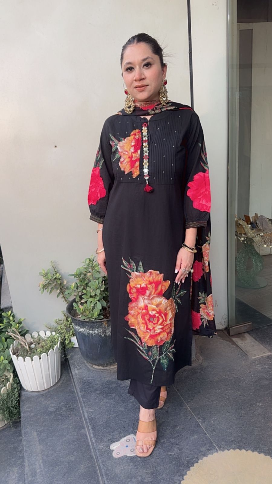 Rose Red Black Cotton Designer Suit