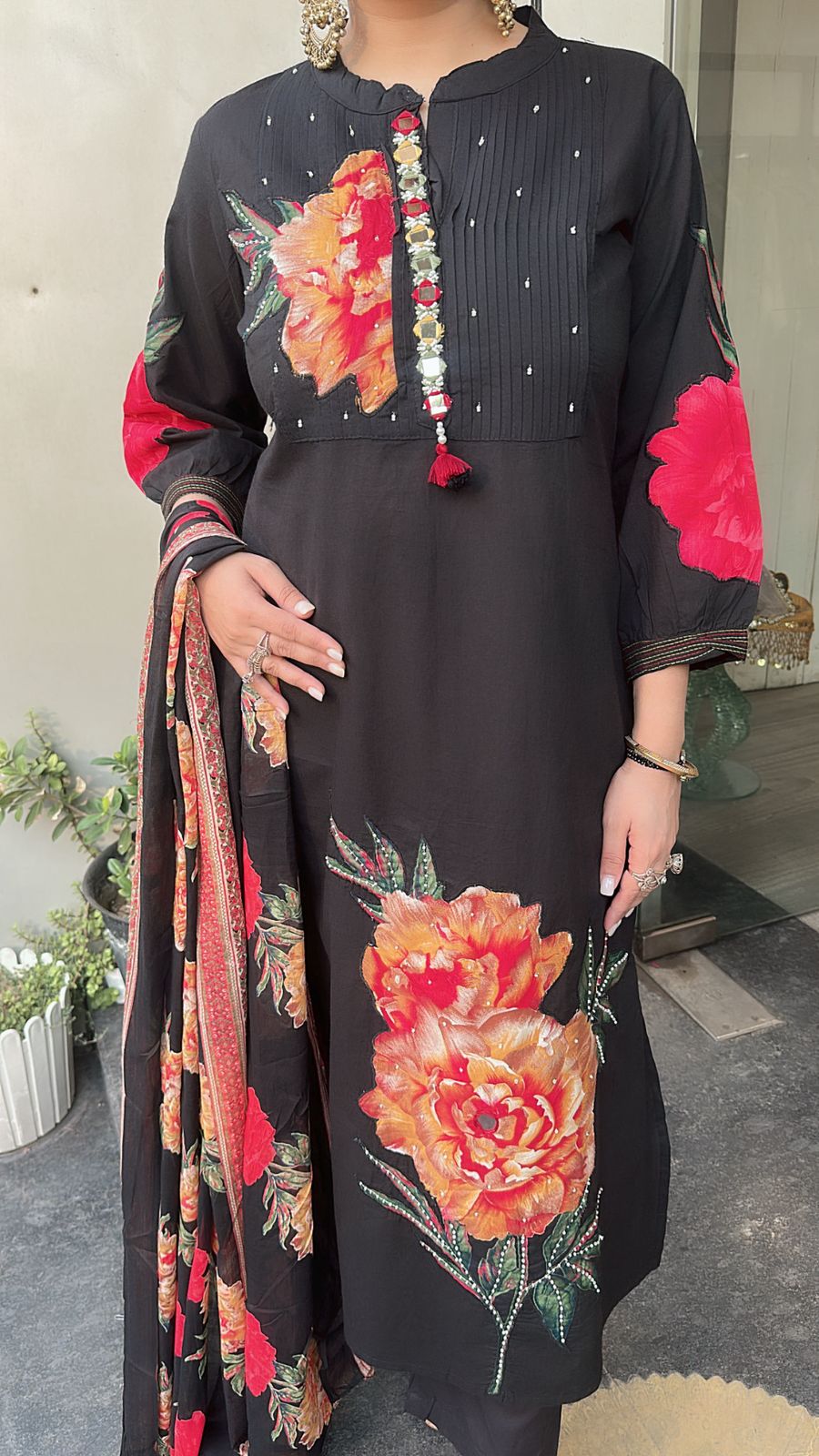 Rose Red Black Cotton Designer Suit