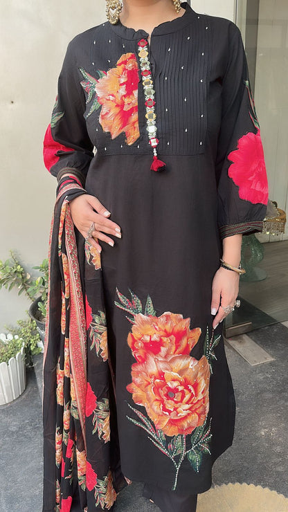 Rose Red Black Cotton Designer Suit
