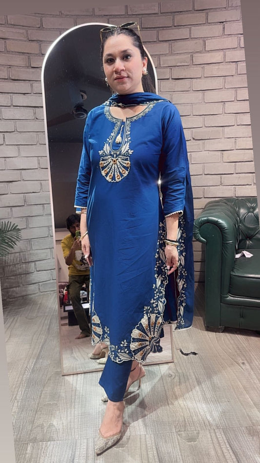 Rasgulla Teal Blue Cotton Designer Suit