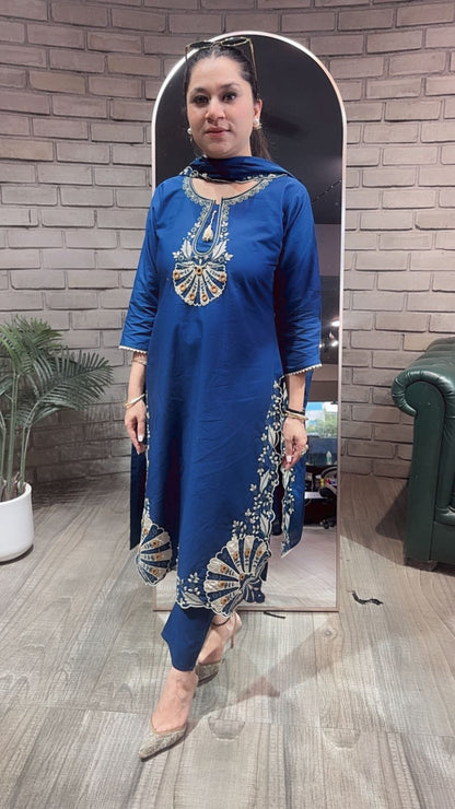 Rasgulla Teal Blue Cotton Designer Suit