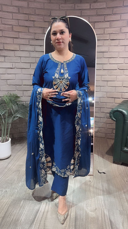 Rasgulla Teal Blue Cotton Designer Suit