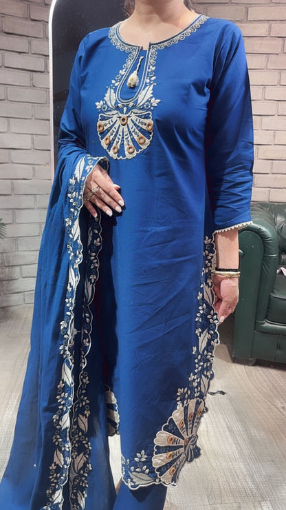 Rasgulla Teal Blue Cotton Designer Suit
