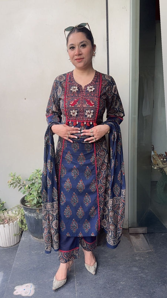 Shank Navy Blue Digital Cotton Designer Suit