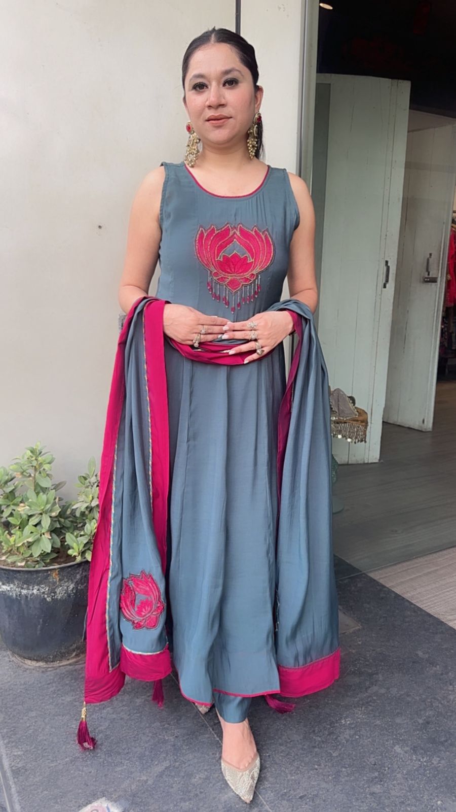 Anwar lotus 🪷 Cotton Designer Anarkali Suit (Sleeve fabric Attached)