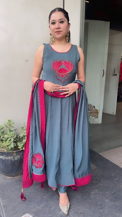 Anwar lotus 🪷 Cotton Designer Anarkali Suit (Sleeve fabric Attached)