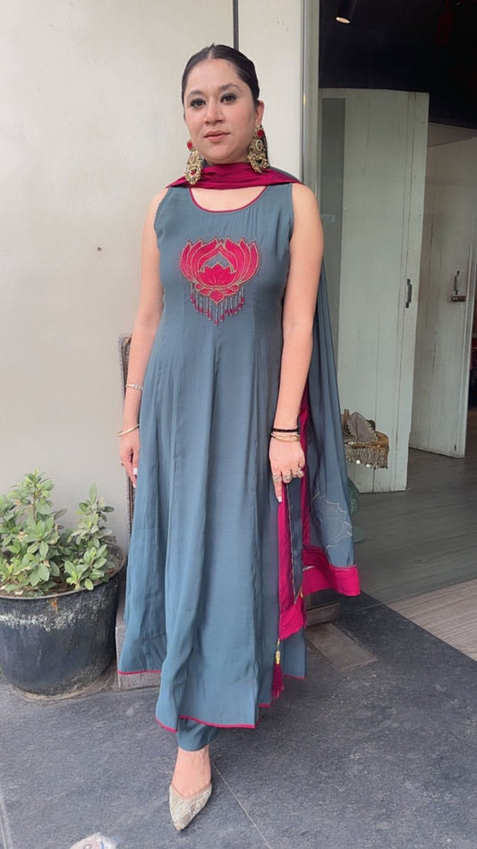 Anwar lotus 🪷 Cotton Designer Anarkali Suit (Sleeve fabric Attached)