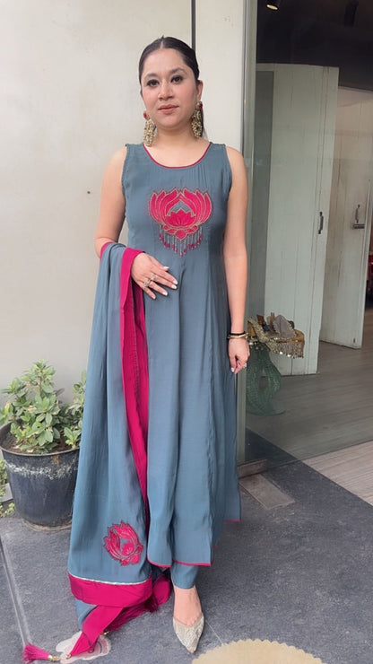 Anwar lotus 🪷 Cotton Designer Anarkali Suit (Sleeve fabric Attached)