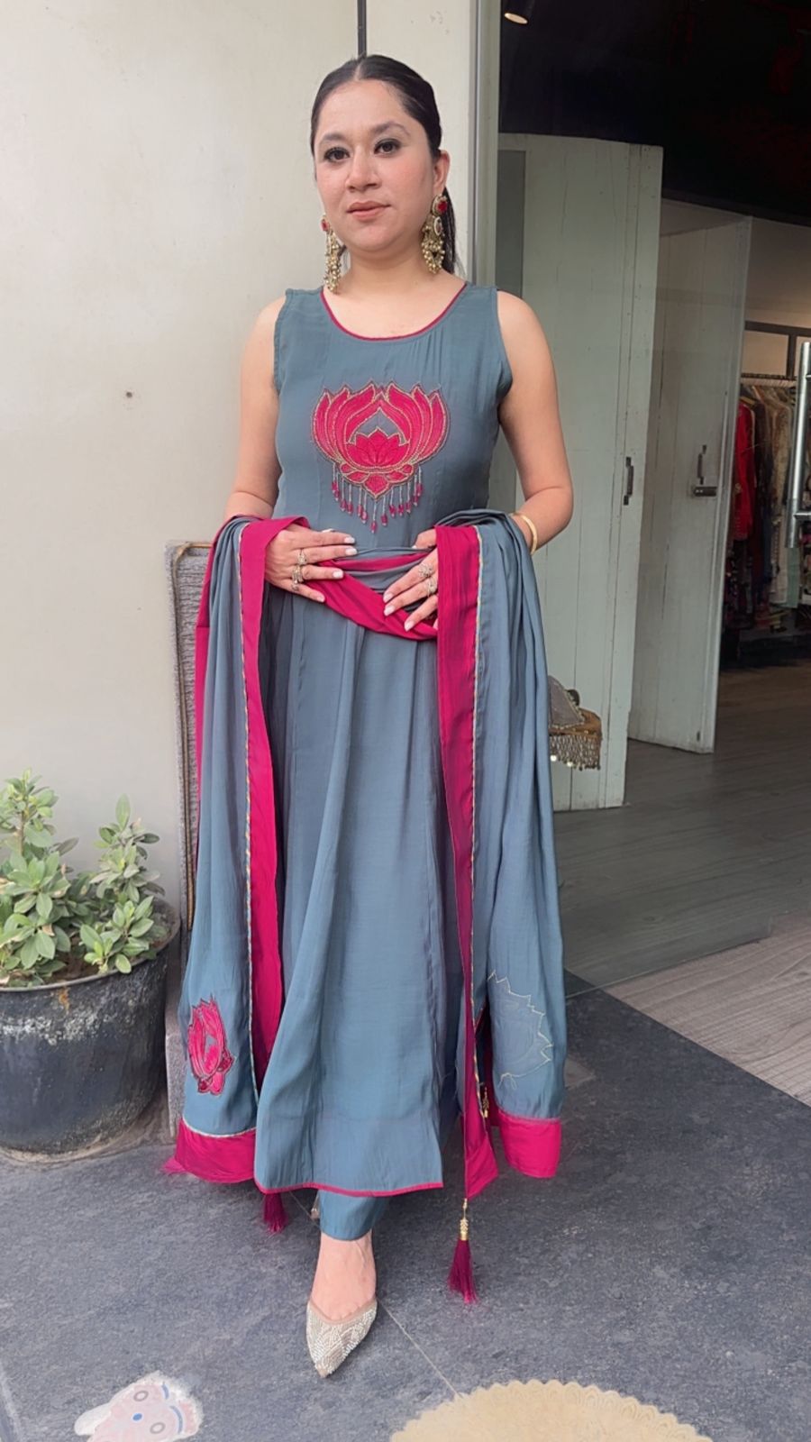 Anwar lotus 🪷 Cotton Designer Anarkali Suit (Sleeve fabric Attached)