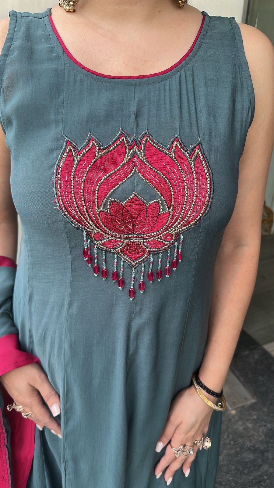 Anwar lotus 🪷 Cotton Designer Anarkali Suit (Sleeve fabric Attached)