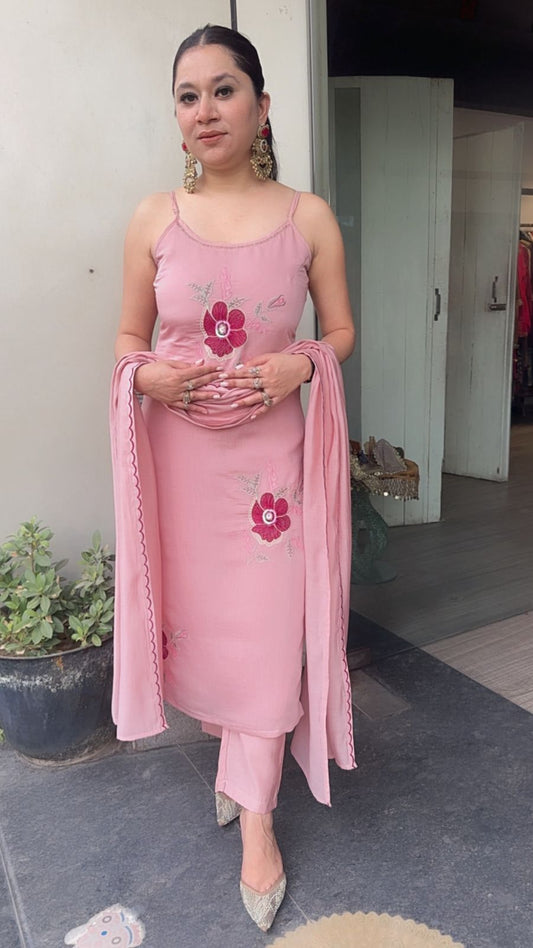 Floral Baby Pink Stappy Cotton Designer Suit