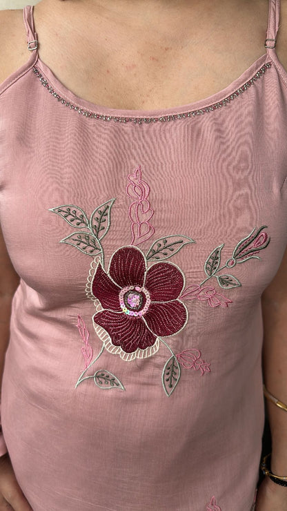Floral Baby Pink Stappy Cotton Designer Suit