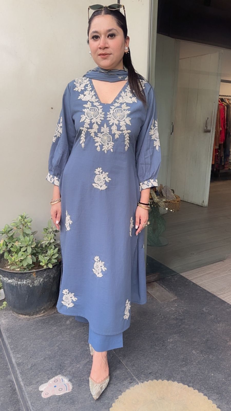 Solara Blue Tread work Cotton Designer Suit