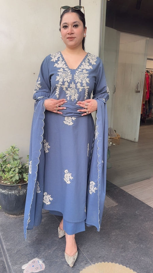 Solara Blue Tread work Cotton Designer Suit