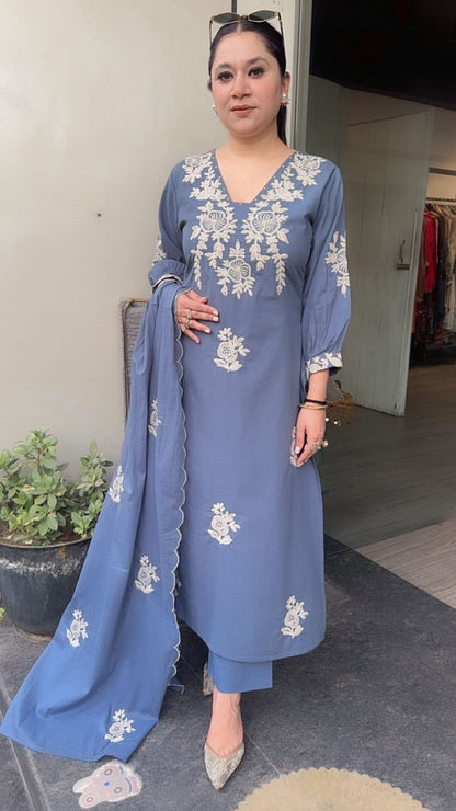 Solara Blue Tread work Cotton Designer Suit