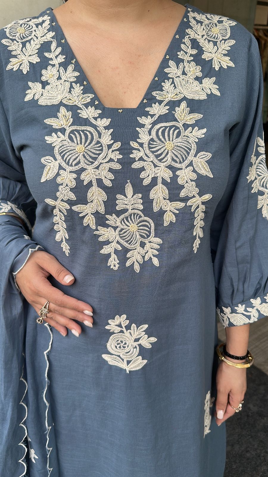 Solara Blue Tread work Cotton Designer Suit