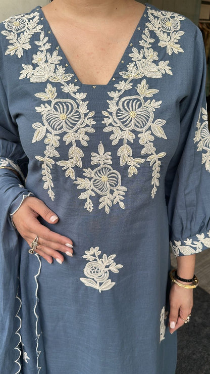 Solara Blue Tread work Cotton Designer Suit