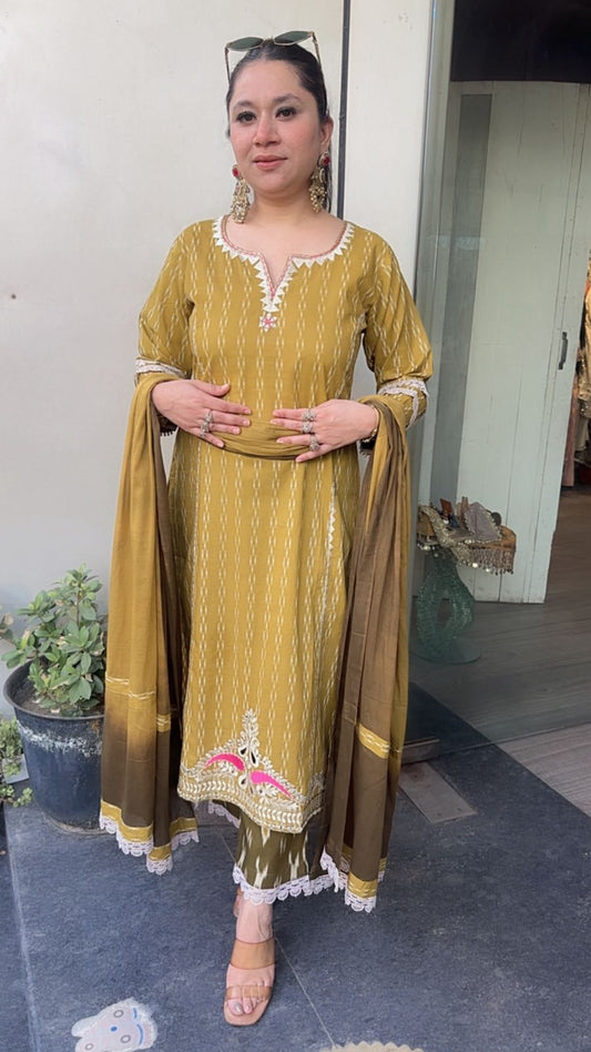 Aroma Musturd Green Cotton Designer Suit