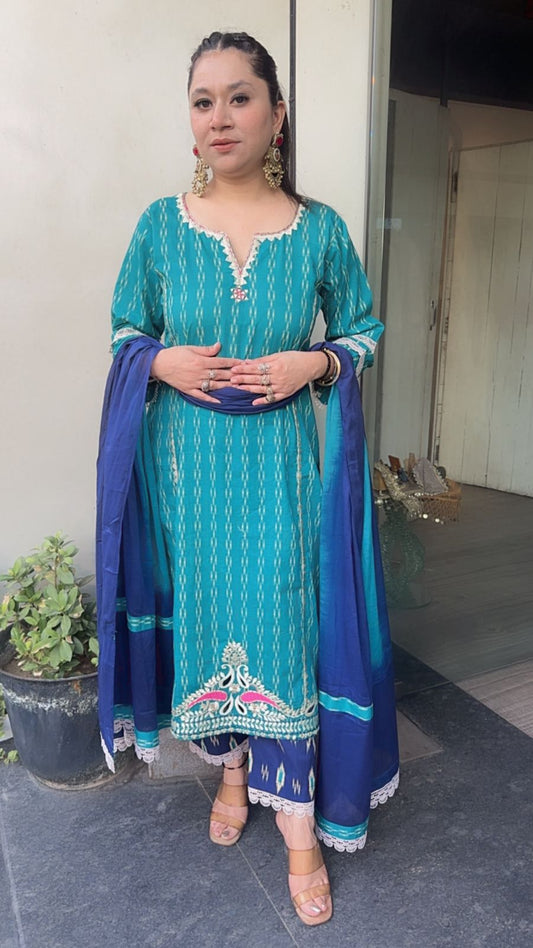 Aroma Terquish Blue Navy Blue Cotton Designer Suit