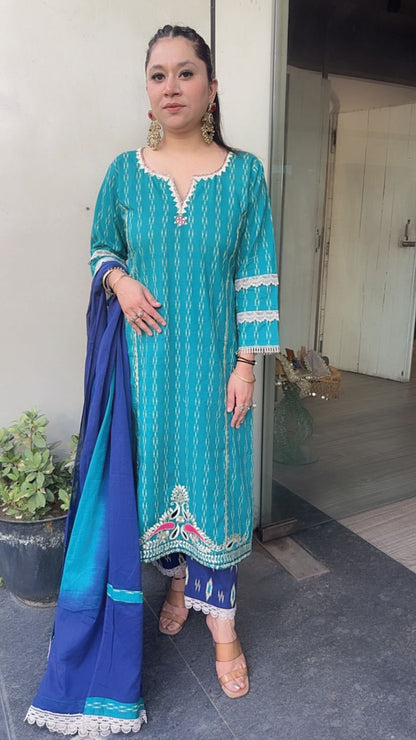 Aroma Terquish Blue Navy Blue Cotton Designer Suit