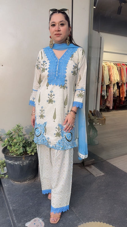 Ginger Blue Ivory Farshi Salwar Cotton Designer Suit