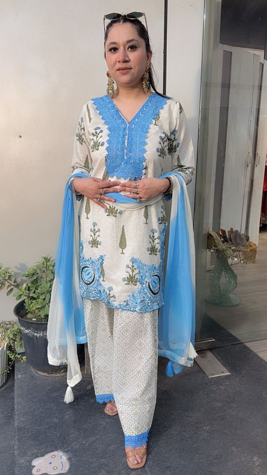 Ginger Blue Ivory Farshi Salwar Cotton Designer Suit