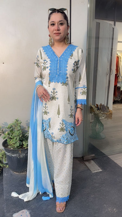 Ginger Blue Ivory Farshi Salwar Cotton Designer Suit