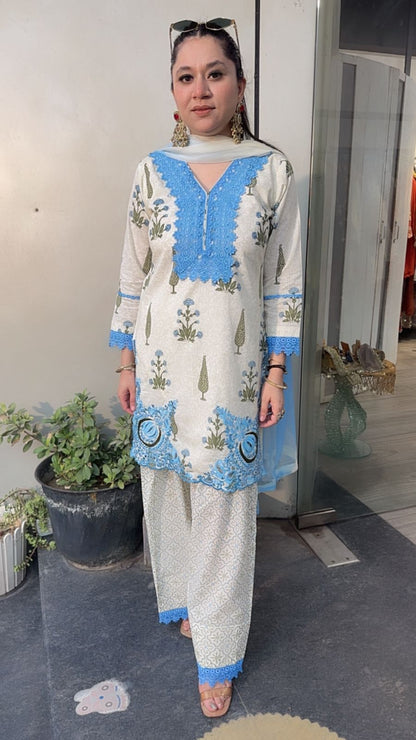 Ginger Blue Ivory Farshi Salwar Cotton Designer Suit