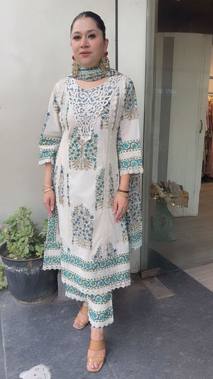 Malai Blue lace work Cotton Designer Suit