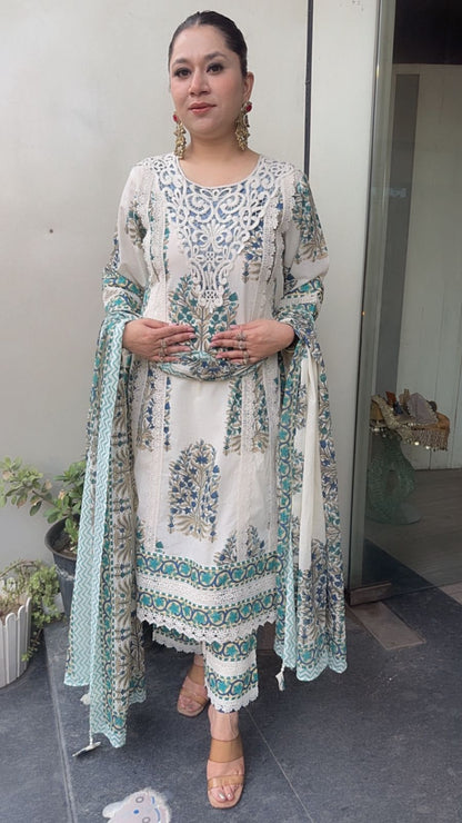 Malai Blue lace work Cotton Designer Suit