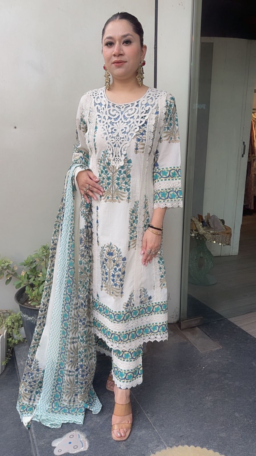Malai Blue lace work Cotton Designer Suit
