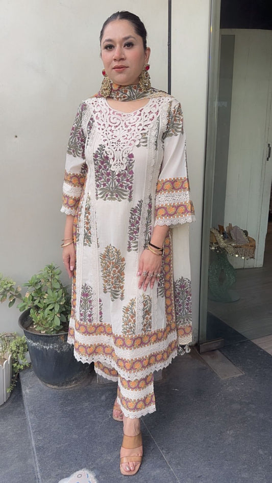 Malai purple lace work Cotton Designer Suit