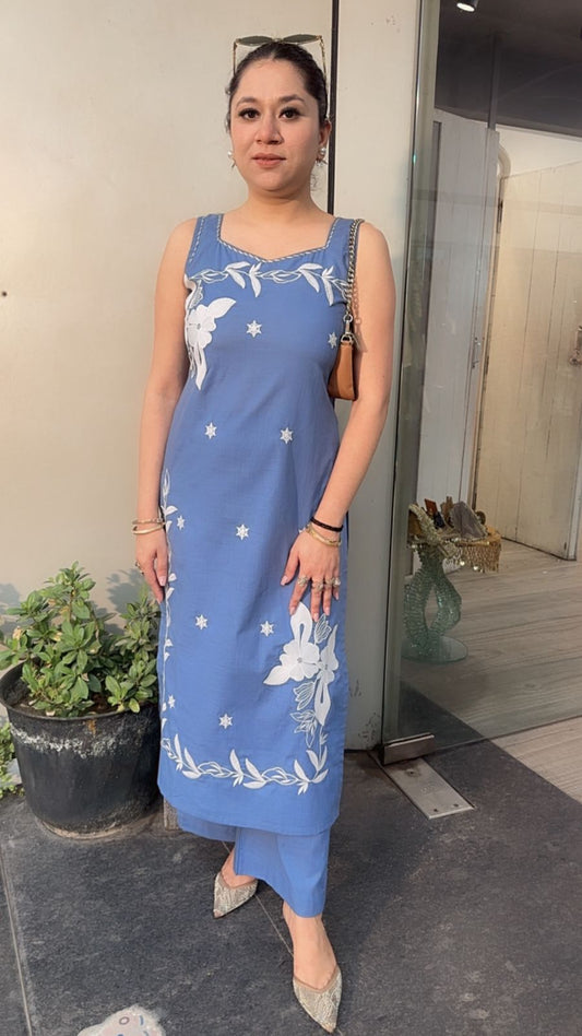 Barish Blue Cotton Tunic Set ( Sleeve Fabric Attached)