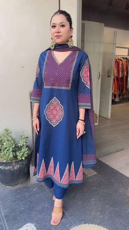 Chutney Navy Blue Digital Cotton Designer Suit