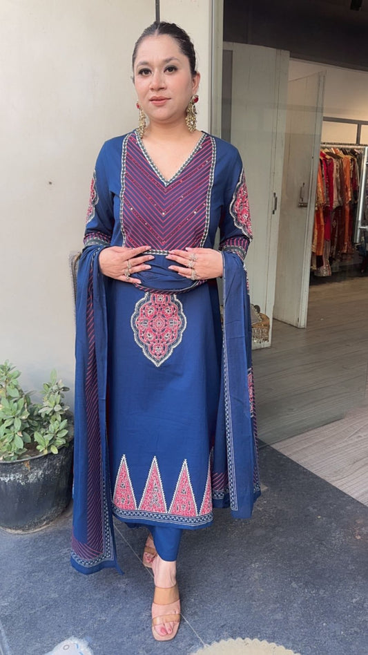 Chutney Navy Blue Digital Cotton Designer Suit