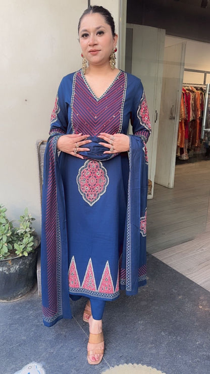 Chutney Navy Blue Digital Cotton Designer Suit