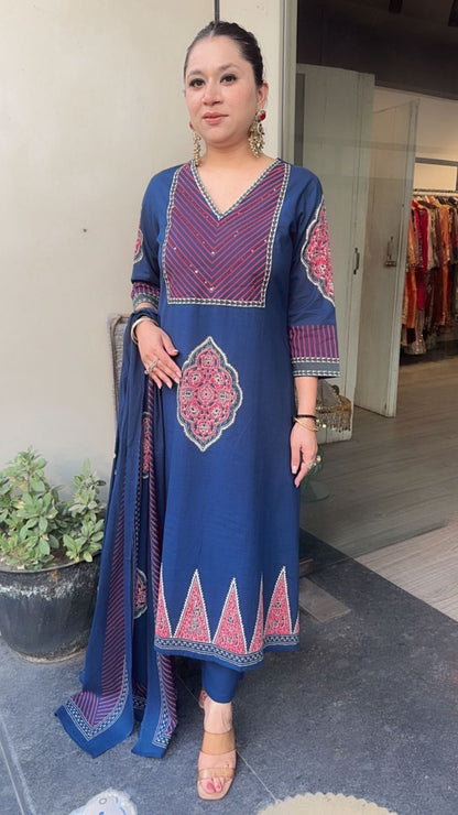 Chutney Navy Blue Digital Cotton Designer Suit